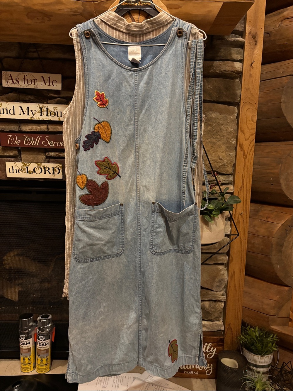 Christopher and Banks Cotton Light Denim Pinafore Dress with Fall Leaf Appliqués